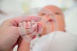 Newborn Baby Holding Mother Hand, Mom Finger and New Born Kid