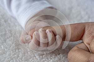 Newborn baby holding mothers finger