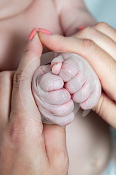 Newborn baby holding mothers finger