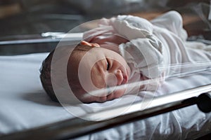 Newborn baby in the hospital. The baby has just been born. Sleepy baby lies in the crib