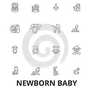Newborn baby, hospital, sleeping, infant, pregnant woman, nursery line icons. Editable strokes. Flat design vector