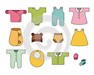 Newborn. Baby icons set. Clothing for babies. Colorful.