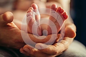 Newborn baby legs in mothers lovely hand with soft focus on babie`s foot