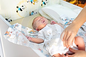 Newborn baby. Little child in medicine hospital. Medical health care. Doctor pediatrician. Small kid, infant in clinic. Healthy