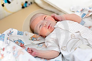 Newborn baby. Little child in medicine hospital. Medical health care. Doctor pediatrician. Small kid, infant in clinic. Healthy
