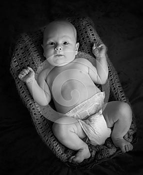 Newborn baby lying in a basket in monochrome