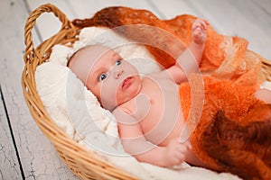 Newborn baby is lying in wicker basket. Basket on white wooden background. Newborn photo shoot