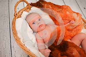 Newborn baby is lying in wicker basket. Basket on white wooden background. Newborn photo shoot