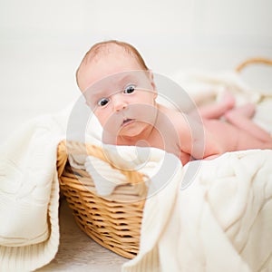 Newborn baby is lying in wicker basket. Basket on white wooden background. Newborn photo shoot