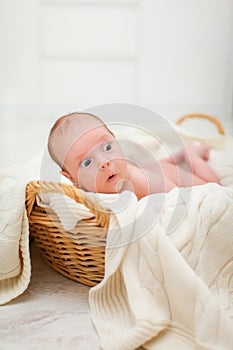 Newborn baby is lying in wicker basket. Basket on white wooden background. Newborn photo shoot
