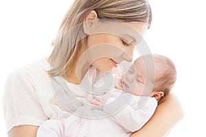 Newborn Baby and Mother, Mom with Sleeping New Born Kid on hands