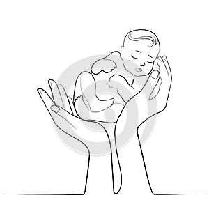 Newborn baby in mother's hands continuous line modern design,outline vector illustration.Motherhood and pregnancy