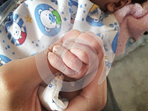 newborn baby and mothers hands with soft focus