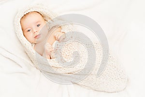 Newborn Baby, New Born Kid Swaddled in White Blanket, one month