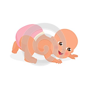 Newborn baby in pink diaper learning to crawl, training process