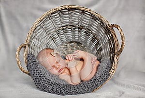 Newborn baby in a round wicker basket