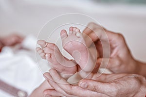 Newborn Baby`s feet on female hands closeup