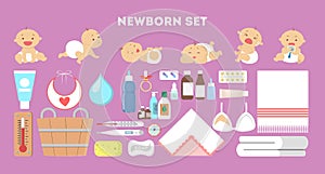 Newborn baby set. Collection of tool for child care.