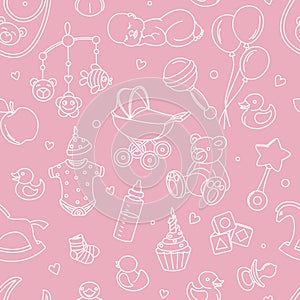 Newborn baby shower seamless pattern boy girl birthday celebration party