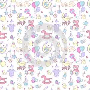 Newborn baby shower seamless pattern boy girl birthday celebration party