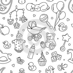 Newborn baby shower seamless pattern boy girl birthday celebration party