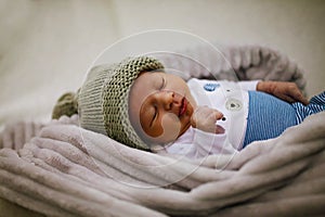 Baby Sleep, Newborn Kid In Woolen Hat Sleeping On Fur Blanket