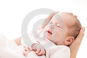 Newborn Baby Sleep on Mother Hands, New Born Girl Smiling and Sleeping