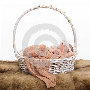 Newborn baby sleep on a white basket photo