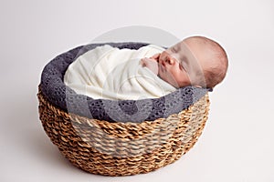 Newborn baby sleeping on fur in the basket