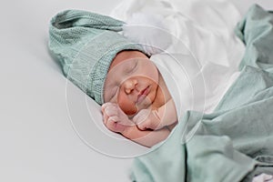 Newborn baby sleeping. Happy family kid dream concept. Cute lifestyle newborn baby sleeping close up