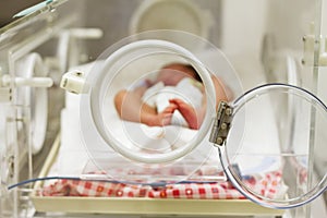 Newborn baby sleeping inside incubator