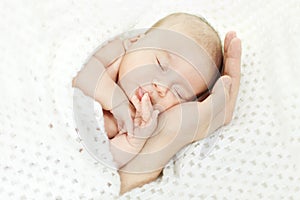 Newborn baby sleeping on parent hand.