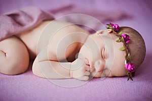 Newborn baby sleeping on a pink background.