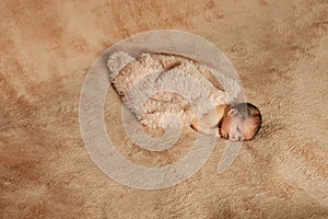 Newborn baby sleeping, resting on her own hands and elbows, on brown background