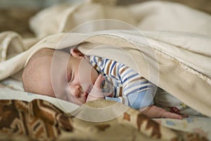Newborn baby sleeps in the crib