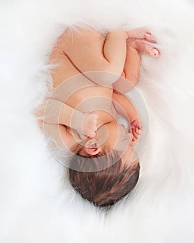 Newborn baby sleeps upside down.