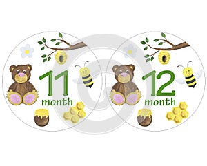 Newborn baby stickers for months watercolor illustration photo session design stickers scrapbooking greeting cards invitations hol