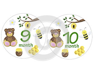 Newborn baby stickers for months watercolor illustration photo session design stickers scrapbooking greeting cards invitations hol