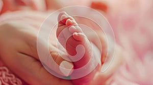 Newborn Baby Tiny Feet Cradled in Parent's Hands. Generative ai