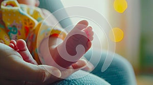 Newborn Baby Tiny Feet Cradled in Parent's Hands. Generative ai