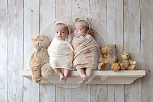 Newborn Baby Twin Girls Wearing Bear Bonnets