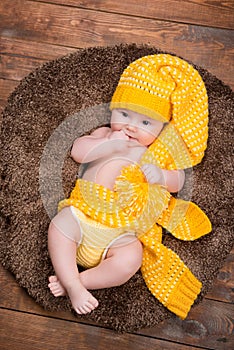 Newborn baby in a warm knitted hat.