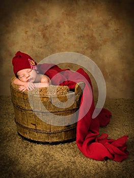 Newborn baby in wooden bucket