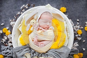 Newborn baby in a yellow cocoon and a white bunny hat sleeps in a white wooden bowl decorated with spring yellow flowers