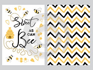 NewBorn banner design text Sweet as can Bee decorated bee heart honey sweet Zig Zag yellow black background set