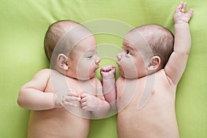 Newborn beautiful baby twins. Closeup portrait, caucasian child