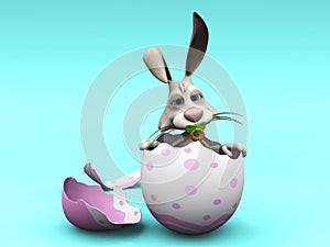 Newborn cartoon Easter Bunny in eggshell.