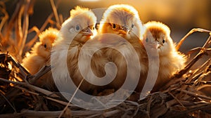 A newborn chicken is knocked out of an egg, brood of small chicks. Close up