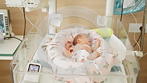 A newborn child in the hospital. Baby in vertex inside incubator