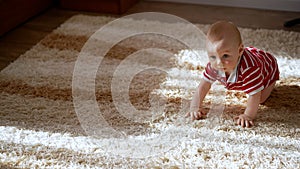 Newborn child learning crawling. Baby boy learning to crawl. Curious baby. Little boy is learning to crawl.